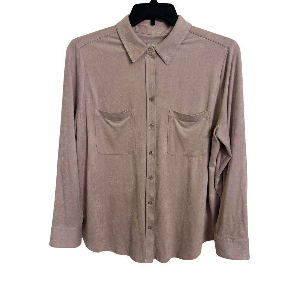 Chico’s Light Pink Faux Suede Buttery Soft Button Front Long Sleeve L Minimalist